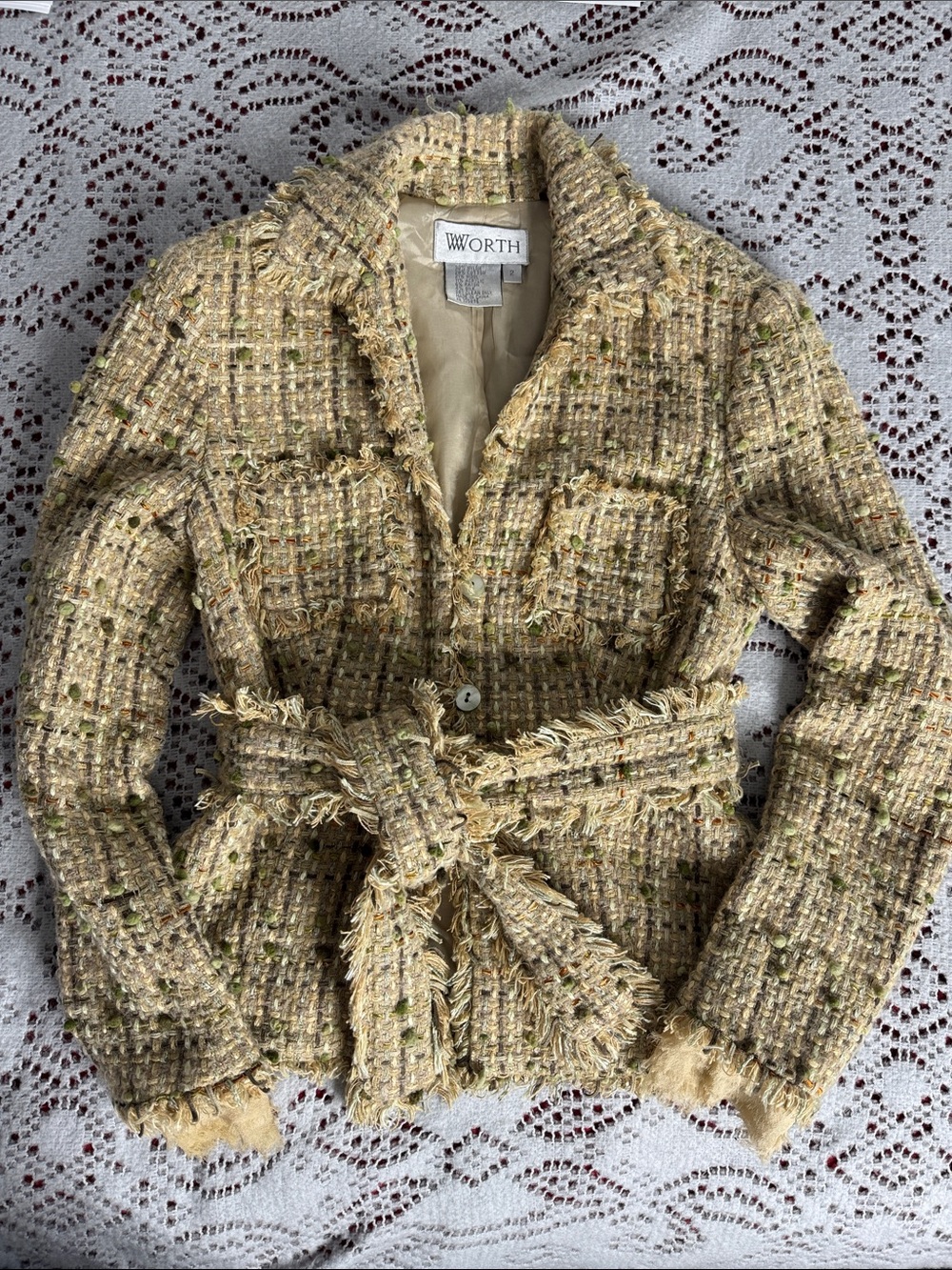Worth Beige Tweed Belted Blazer Size 2 with Multicolor Accents With Belt